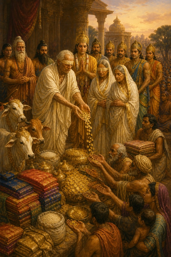 पट्टी बाँधे धृतराष्ट्र स्वर्ण मुद्राएँ दान करते हुए, पास सजी गौएँ, वस्त्रों के ढेर और हाथ फैलाए निर्धन जन।