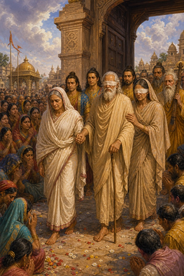 धृतराष्ट्र, गांधारी और कुंती साधारण वेश में नगर द्वार से वन की ओर निकलते हुए, मार्ग पर विलाप करती प्रजा।