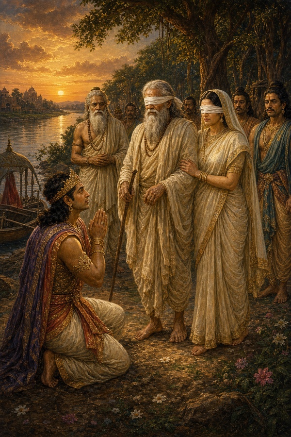 नदी तट पर हाथ जोड़े घुटने टेके युधिष्ठिर, वन जाते धृतराष्ट्र और गांधारी को विदा करते हुए।