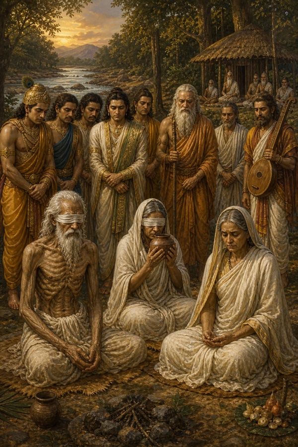 आश्रम में तप से क्षीण धृतराष्ट्र बैठे, गांधारी और कुंती पास बैठीं, दर्शन को आए पांडव पीछे खड़े।