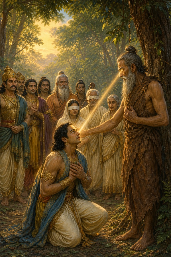 वन में जटाधारी महर्षि व्यास घुटने टेके राजकुमार को दिव्य दृष्टि प्रदान करते हुए, पीछे गांधारी और परिजन।