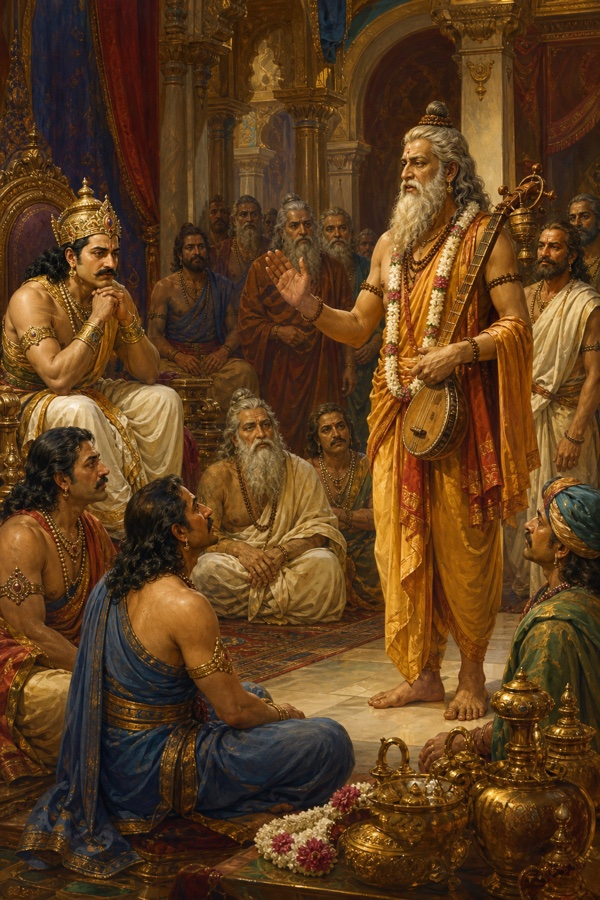 देवर्षि नारद वीणा लिए राजसभा में चिंतित युधिष्ठिर को वन का समाचार सुनाते हुए, सभासद स्तब्ध खड़े।