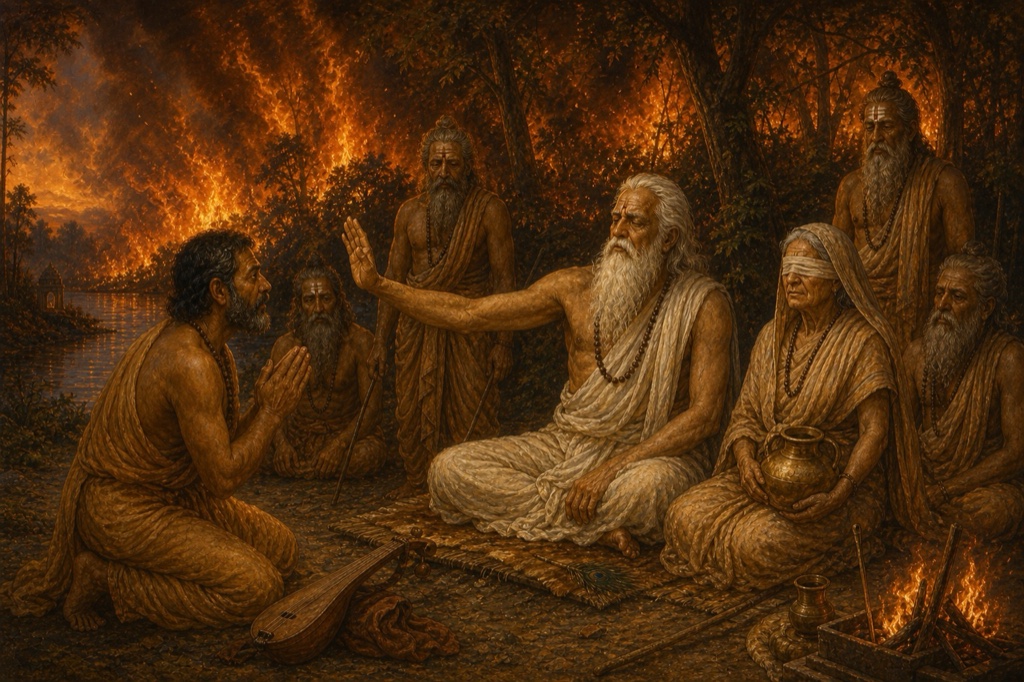 नदी पार धधकते वन के सामने घुटनों पर विनती करते संजय, धृतराष्ट्र शांत भाव से हाथ उठाकर मना करते हुए।