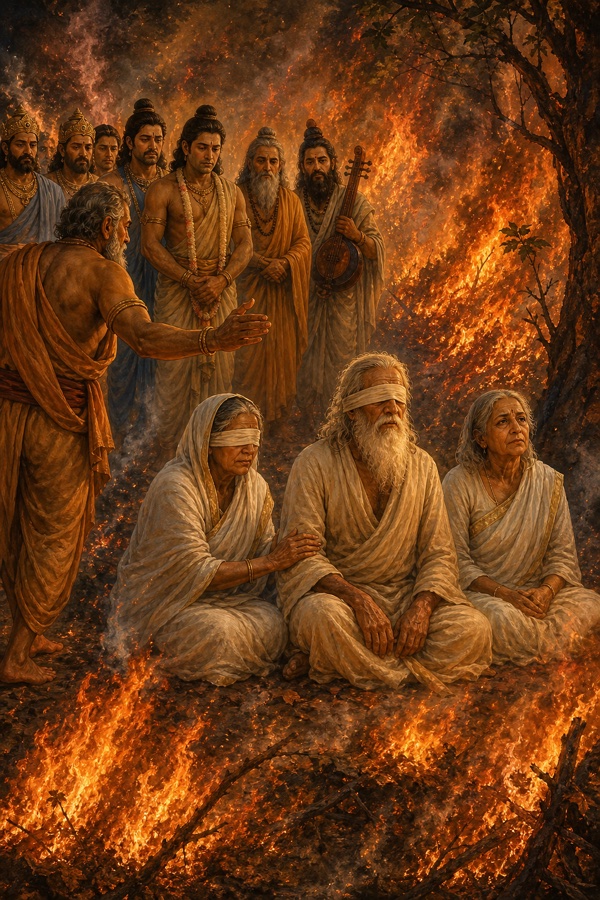 चारों ओर फैली आग के बीच शांत बैठे धृतराष्ट्र, गांधारी और कुंती, संजय हाथ बढ़ाकर पुकारते हुए।