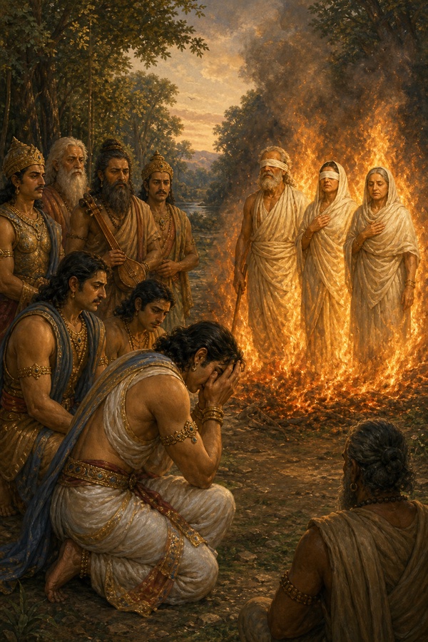 अग्नि की लपटों में शांत खड़े धृतराष्ट्र, गांधारी और कुंती, सामने घुटनों पर शोक करते राजकुमार।