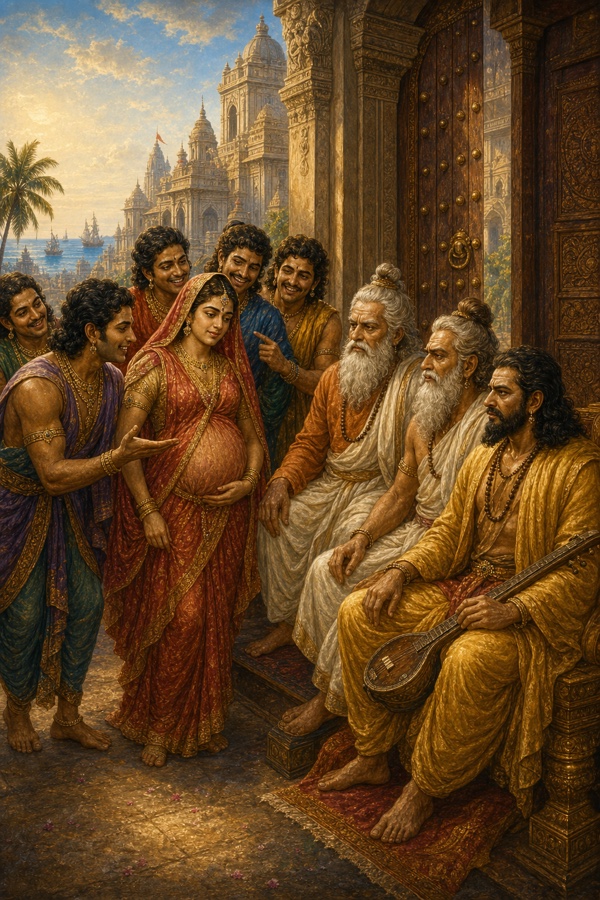 द्वारका के द्वार पर यादव कुमार स्त्री-वेश में सजे साम्ब को गर्भवती बताकर बैठे ऋषियों से प्रश्न करते।