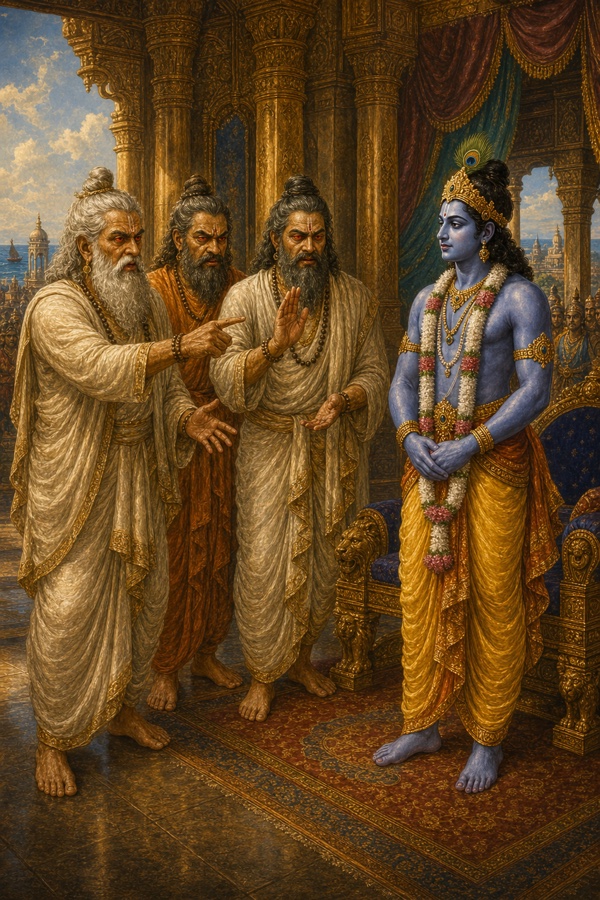 तीन गंभीर ऋषि द्वारका के महल में शांत भाव से खड़े कृष्ण को चेतावनी देते हुए।