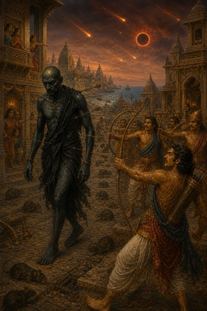 काली विकराल आकृति द्वारका की गलियों में घूमती; यादव धनुर्धर बाण चलाते, आकाश में ग्रहण और उल्काएँ।
