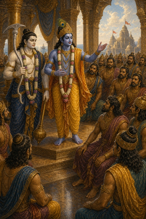 कृष्ण भरी सभा में यादवों को प्रभास तीर्थ चलने का आदेश देते; पास हल लिए बलराम खड़े।