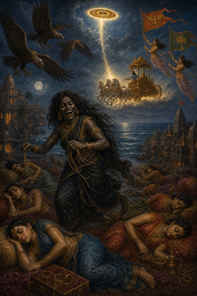 कालरात्रि जैसी काली स्त्री सोती द्वारकावासिनियों के आभूषण समेटती; आकाश में उड़ता रथ और सुदर्शन चक्र।