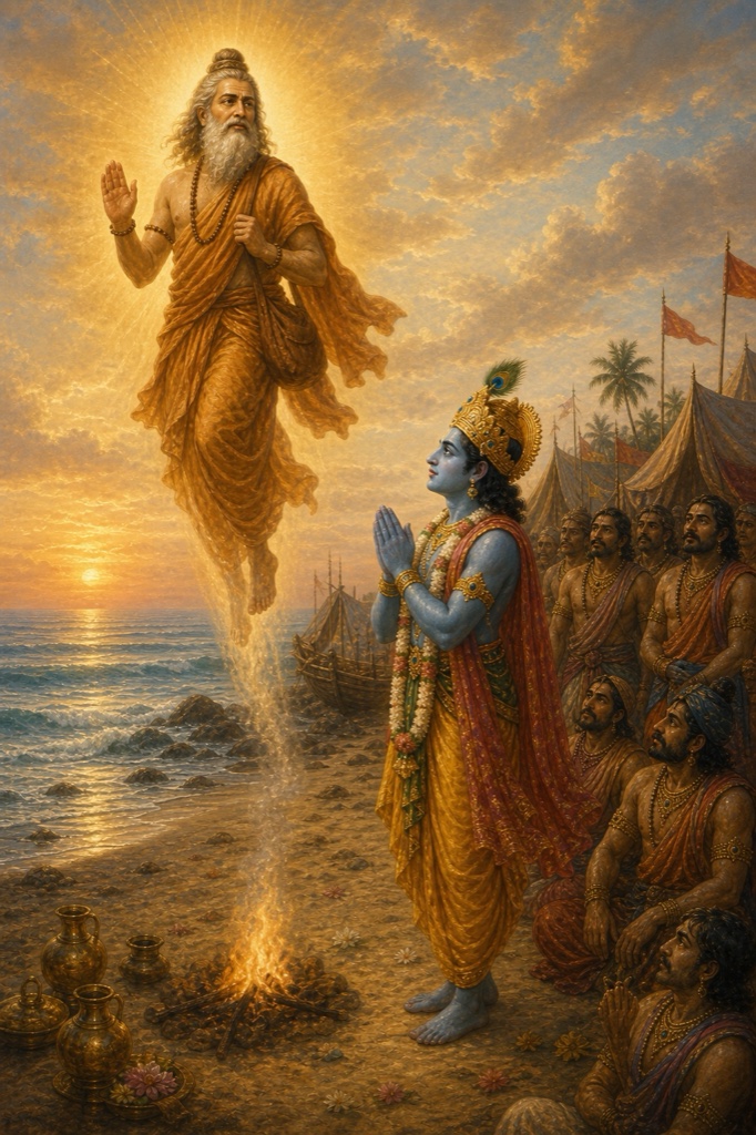 तेजोमय वृद्ध ऋषि समुद्र-तट की अग्नि से आकाश में उठते; कृष्ण हाथ जोड़े यादवों संग देखते।