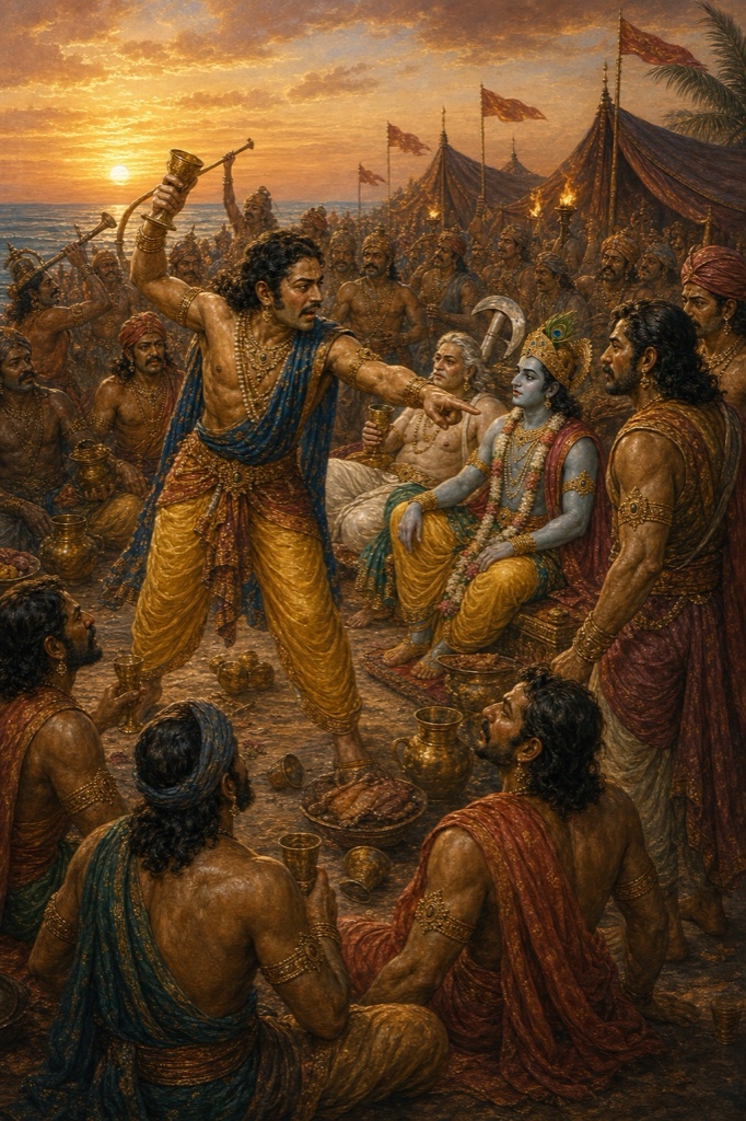 प्रभास की मदिरा-सभा में क्रोधित यादव योद्धा प्याला उठाए बैठे कृष्ण की ओर उँगली तानता।