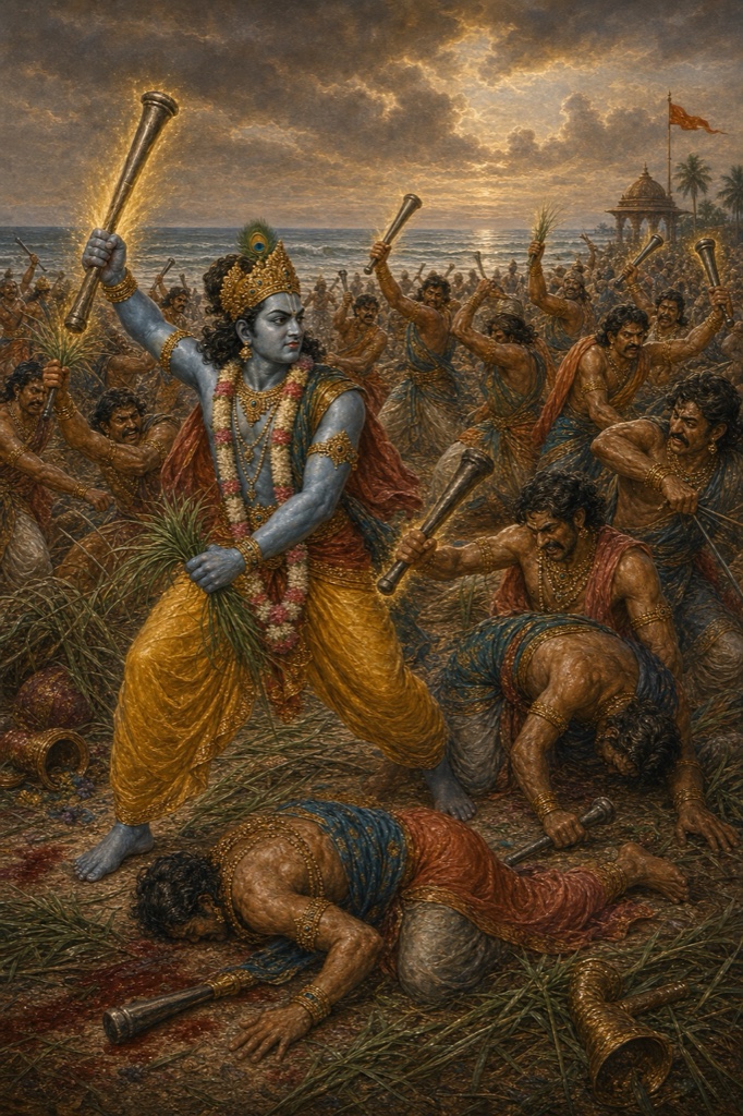 क्रोध में भरे कृष्ण एरका घास से बने मूसल से यादवों का संहार करते; चारों ओर योद्धा गिरते।