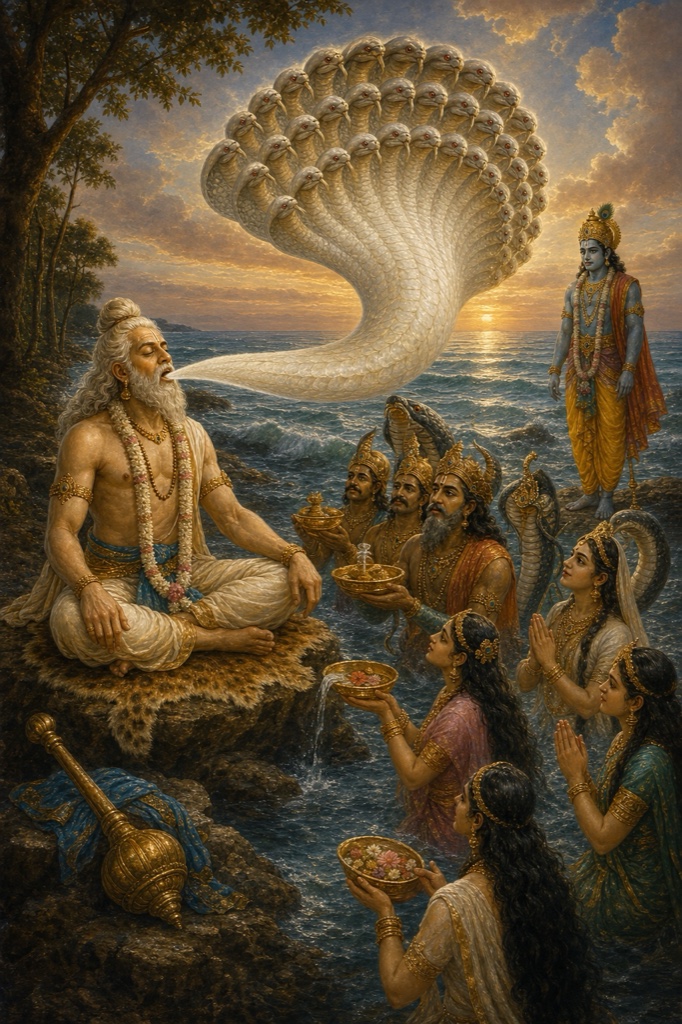 समुद्र-तट पर ध्यानस्थ बलराम के मुख से श्वेत शेषनाग निकलकर सागर की ओर जाते; नाग अर्घ्य लिए, कृष्ण खड़े।