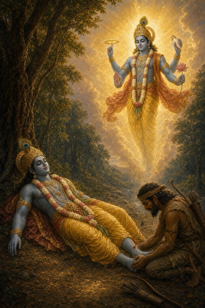 वृक्ष तले लेटे कृष्ण के चरण में बाण लगा; पछताता बहेलिया जरा झुका, ऊपर तेज में चतुर्भुज विष्णु रूप।