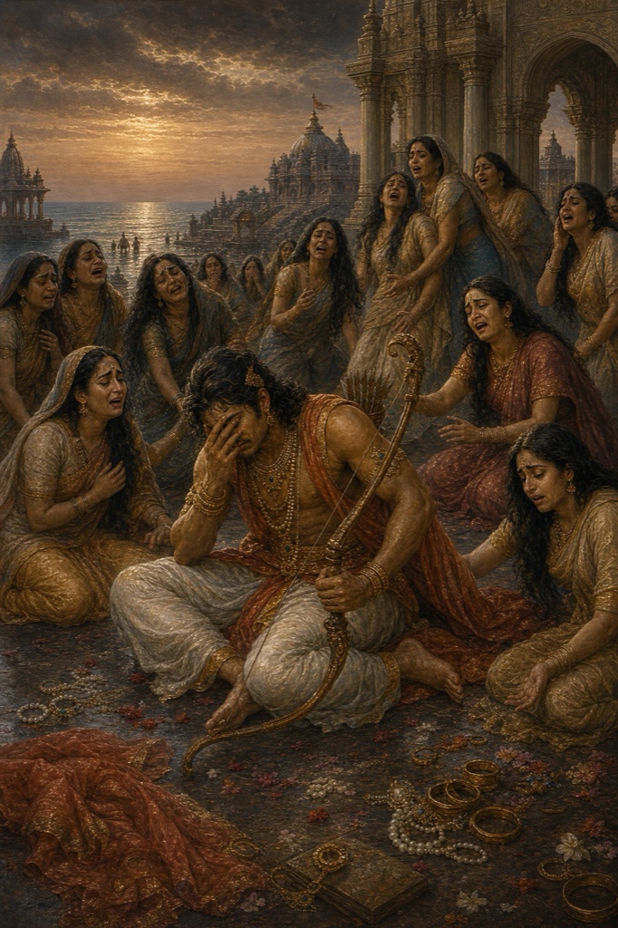 द्वारका की विलाप करती स्त्रियों के बीच धनुष थामे अर्जुन मुख ढाँके शोक में बैठे।
