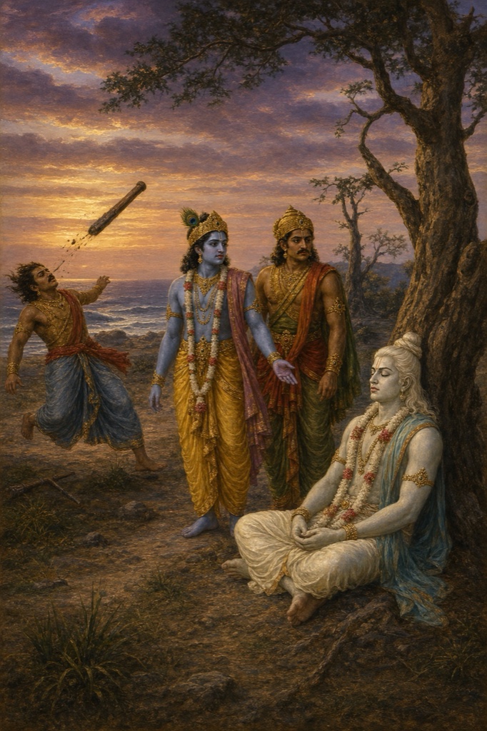 एक यादव मूसल समुद्र में फेंकता; वृक्ष तले ध्यानस्थ बलराम, पास कृष्ण और एक योद्धा खड़े।