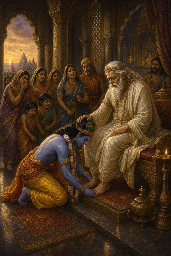 कृष्ण वृद्ध पिता वसुदेव के चरणों में झुककर विदा माँगते; पीछे द्वारका की स्त्रियाँ और बच्चे बिलखते।