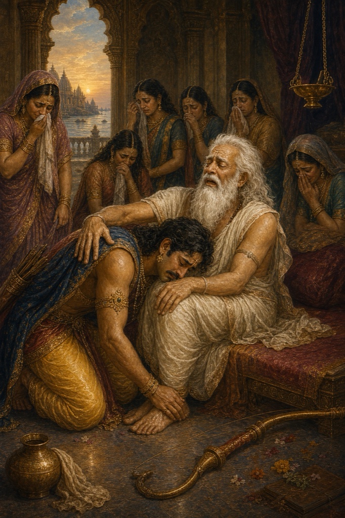 शोकमग्न अर्जुन वृद्ध वसुदेव की गोद में सिर रखे; चारों ओर द्वारका की स्त्रियाँ आँसू बहातीं।