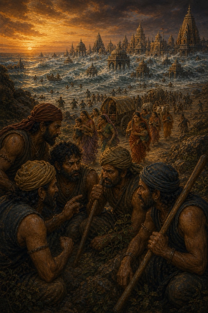 समुद्र में डूबती द्वारका के शिखर; बैलगाड़ियों में निकलते नगरवासी, आगे लाठियाँ लिए घात लगाए डाकू।
