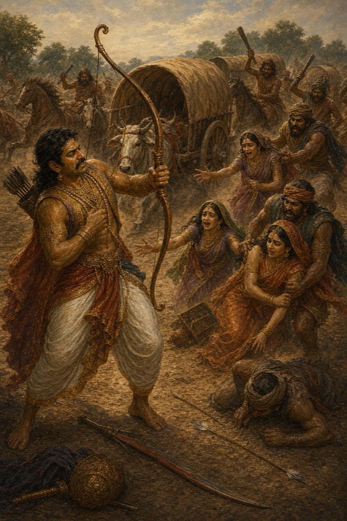 आभीर डाकू काफिले की स्त्रियों को घसीटते; विवश अर्जुन धनुष थामे खड़े, अस्त्र भूमि पर बिखरे।
