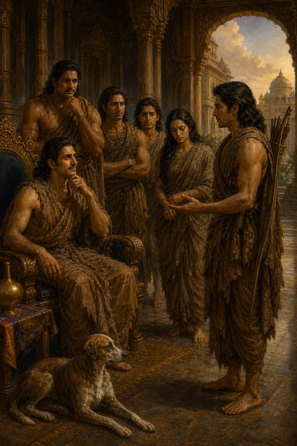 वल्कल पहने युधिष्ठिर महल में सिंहासन पर विचारमग्न बैठे; भाई और द्रौपदी पास खड़े, आगे कुत्ता लेटा।