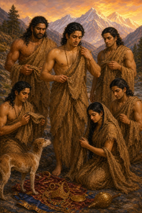 पांडव मुकुट, गदा और आभूषण त्यागकर वल्कल धारण करते; द्रौपदी भी संग, कुत्ता ऊपर देखता।