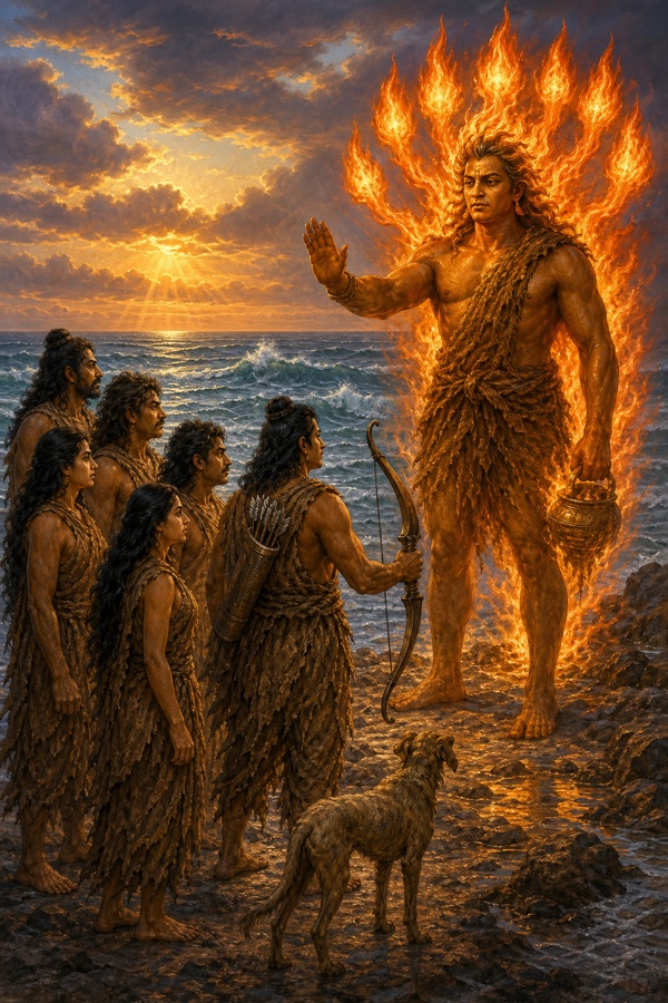 ज्वालाओं से घिरे अग्निदेव समुद्र-तट पर प्रकट होकर हाथ उठाए; सामने धनुष लिए अर्जुन, पांडव, द्रौपदी और कुत्ता।