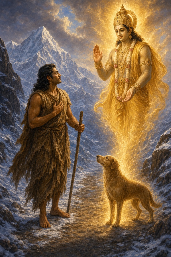 कुत्ते के ऊपर स्वर्ण प्रकाश में प्रकट धर्मदेव आशीर्वाद देते; सामने दंड लिए युधिष्ठिर विस्मय से देखते।
