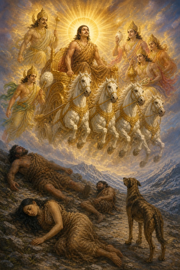 देवताओं से घिरे स्वर्ण रथ पर सशरीर स्वर्ग जाते युधिष्ठिर; नीचे पथ पर गिरे भाई, द्रौपदी और देखता कुत्ता।