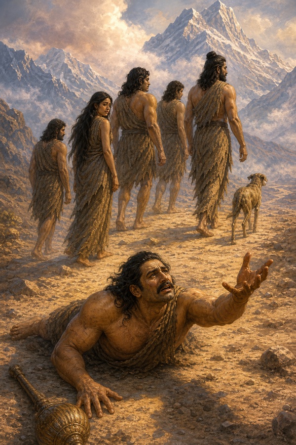गदा के पास गिरे भीम हाथ बढ़ाकर पुकारते; आगे बढ़ते साथी मुड़कर नहीं देखते, दूर कुत्ता।