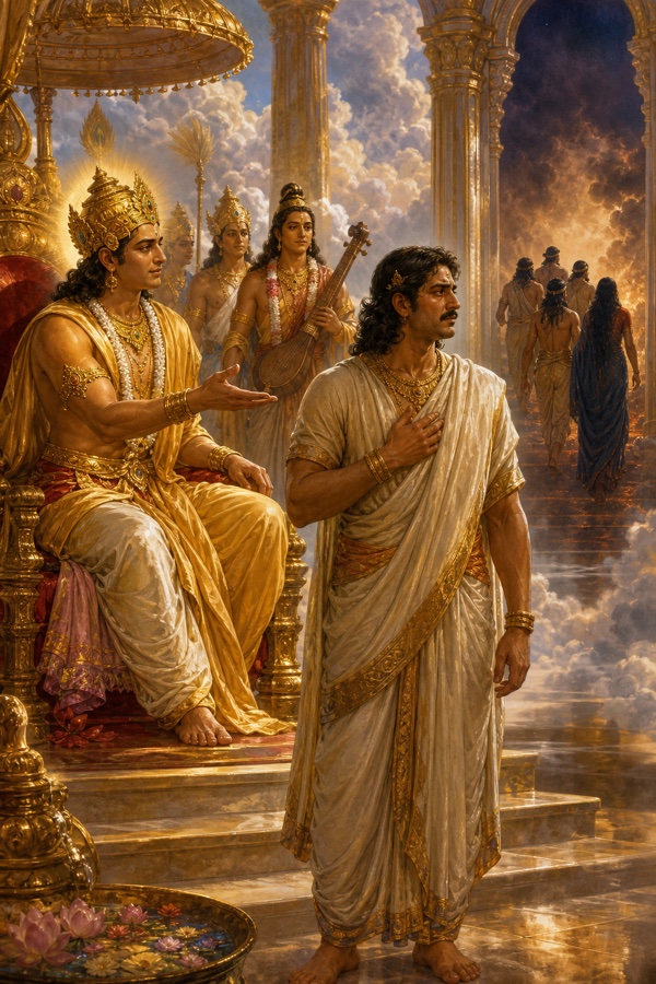 स्वर्ण सिंहासन से देवराज इन्द्र युधिष्ठिर की ओर हाथ बढ़ाते हैं, पीछे आकृतियाँ धुएँ भरे अंधकार में जाती दिखती हैं।