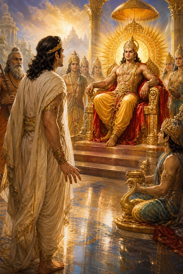 देवसभा में युधिष्ठिर तेजोमय सिंहासन पर बैठे इन्द्र के सम्मुख खड़े हैं, चारों ओर देवगण और सेवक दिखते हैं।