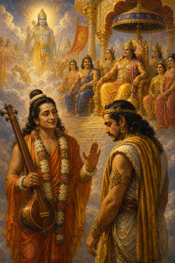 वीणाधारी नारद हाथ उठाकर उदास युधिष्ठिर को समझाते हैं, पीछे स्वर्ग की सभा में राजा और देवता विराजमान हैं।