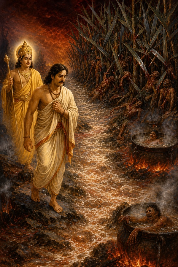 देवदूत के साथ युधिष्ठिर नरक में चलते हैं, तलवार जैसे पत्तों वाले वृक्षों और खौलते कड़ाहों में जीव तड़पते हैं।