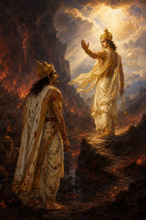 देवदूत चट्टान से स्वर्ग की ओर लौटने का संकेत करता है, रक्तरंजित वस्त्रों में युधिष्ठिर ज्वालाओं के बीच खड़े हैं।