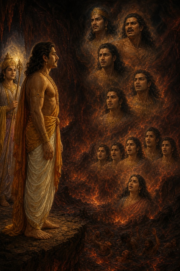 ज्वालाओं में से युधिष्ठिर को भाइयों और द्रौपदी की पुकारती आकृतियाँ दिखती हैं, पीछे मशाल लिए देवदूत खड़ा है।