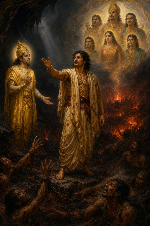 युधिष्ठिर हाथ बढ़ाकर नरक में रुकने का निश्चय बताते हैं, ऊपर प्रकाशमंडल में भाइयों और द्रौपदी के मुख झलकते हैं।