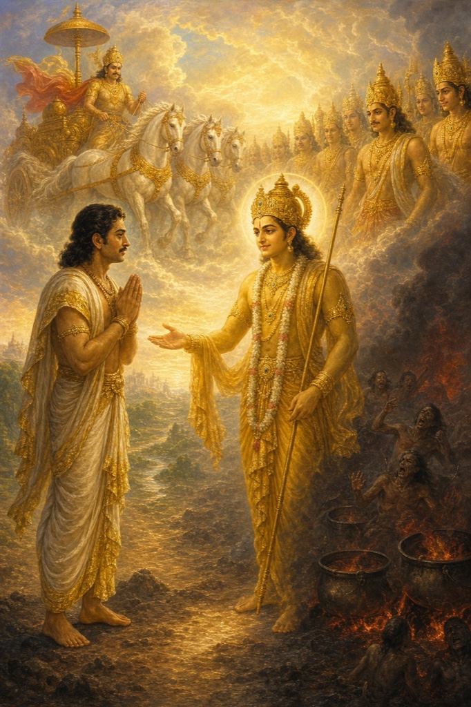 हाथ जोड़े युधिष्ठिर के सामने तेजस्वी देवता खड़े हैं, ऊपर श्वेत अश्वों वाला स्वर्ण रथ और देवगण प्रकट होते हैं।