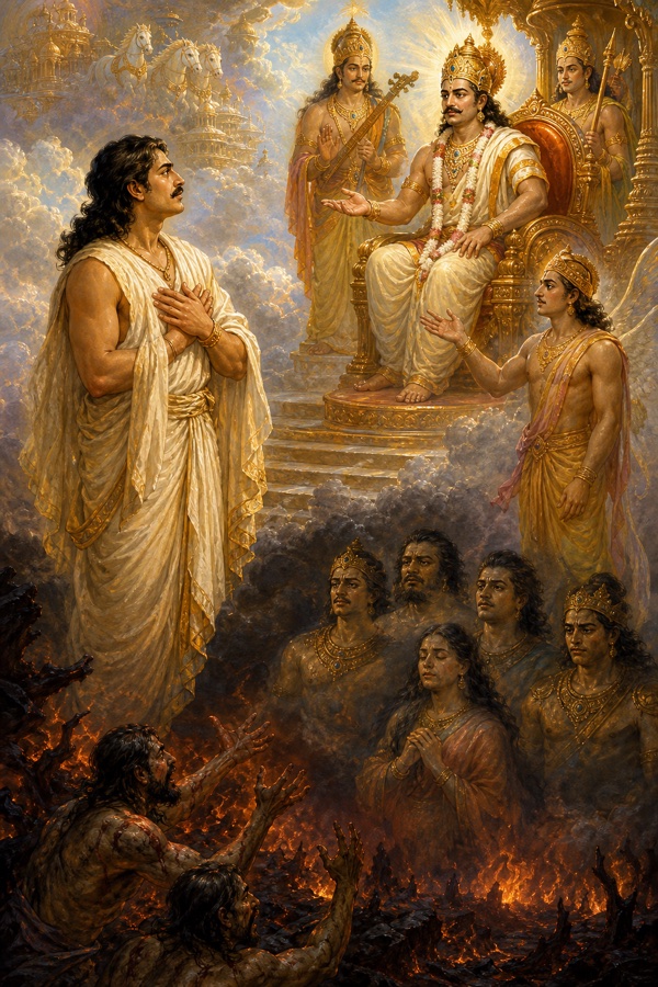 छाती पर हाथ रखे युधिष्ठिर सिंहासन पर विराजे देवता की बात सुनते हैं, नीचे अग्नि में तड़पती आत्माएँ दिखती हैं।