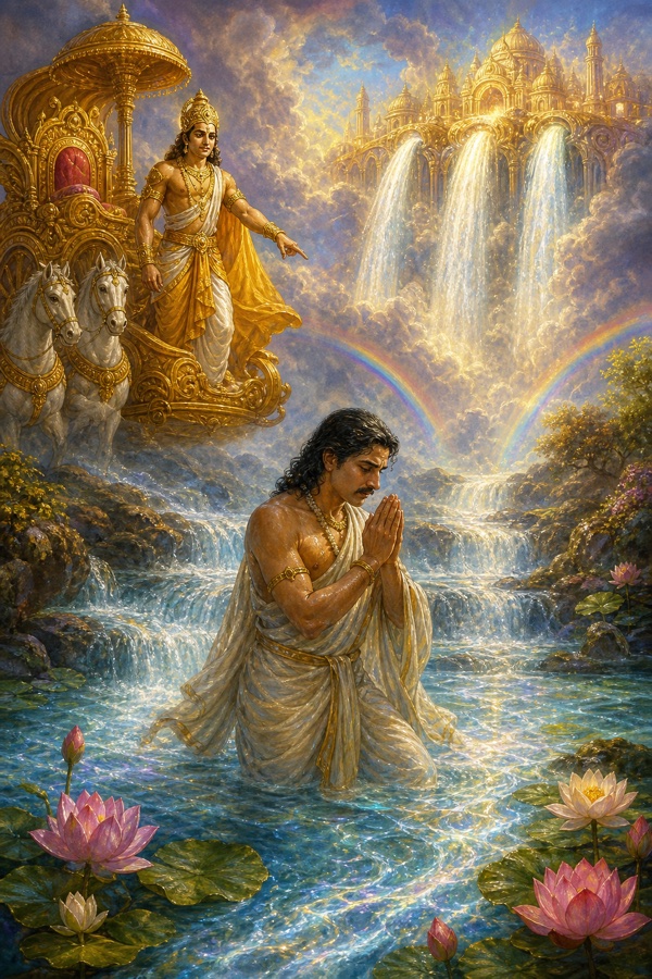 युधिष्ठिर हाथ जोड़कर दिव्य नदी में स्नान करते हैं, ऊपर स्वर्ण रथ पर देवता, पीछे स्वर्गपुरी के झरने और इंद्रधनुष।