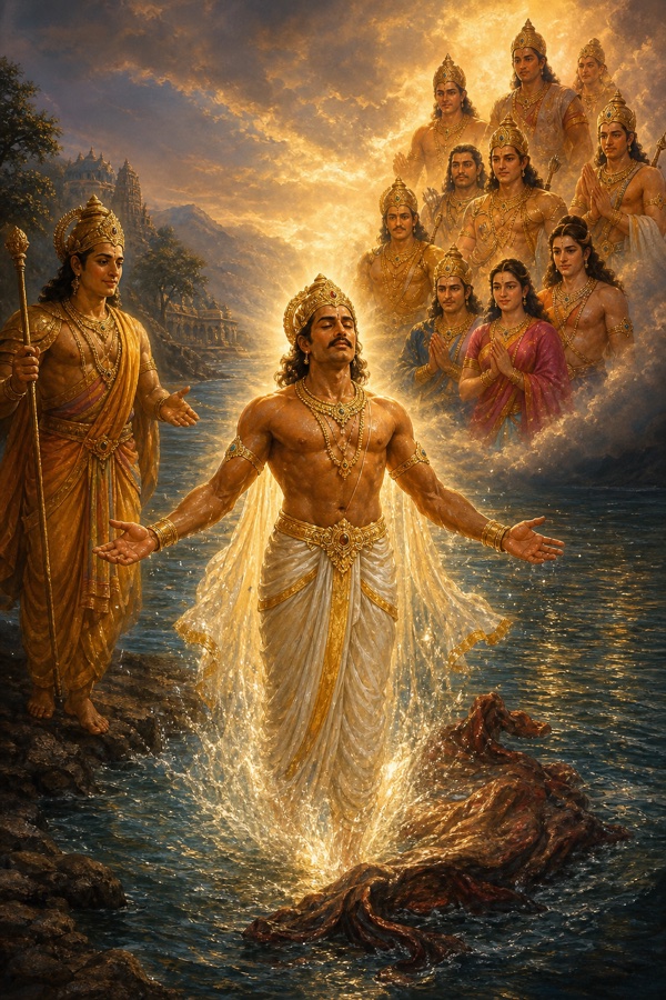 दिव्य देह में युधिष्ठिर बाहें फैलाकर जल से उठते हैं, ऊपर मेघों में स्वजनों के तेजोमय रूप प्रकट होते हैं।