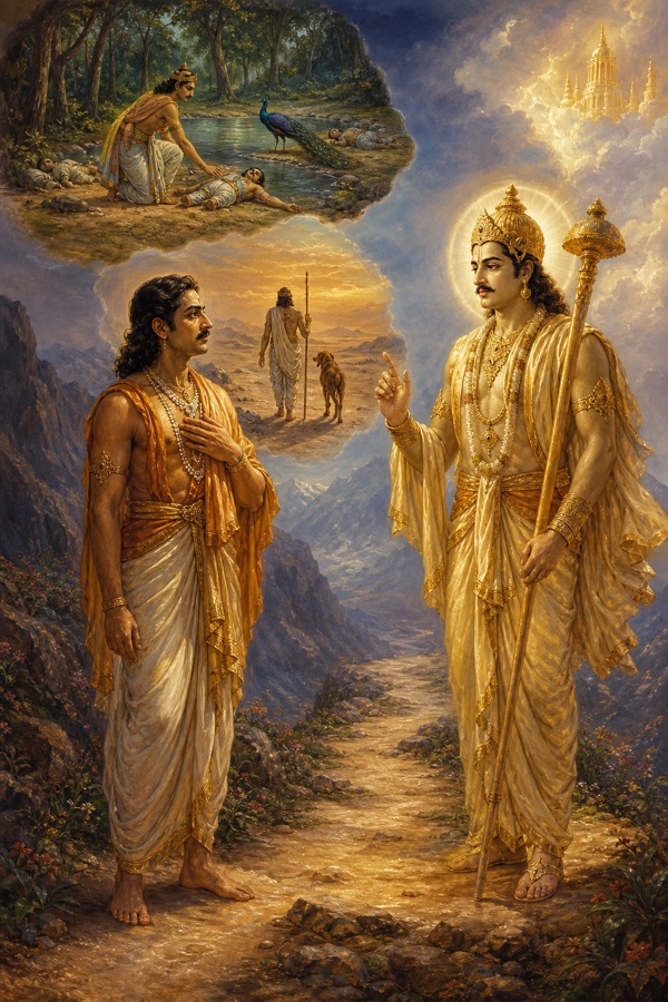 धर्मदेव युधिष्ठिर को उनकी परीक्षाएँ स्मरण कराते हैं, ऊपर सरोवर किनारे मृत भाइयों और कुत्ते संग यात्रा के दृश्य।