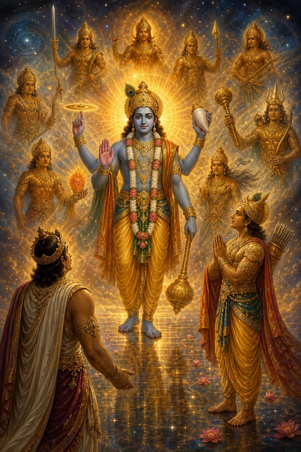 चतुर्भुज नारायण शंख चक्र गदा धारण किए तारों भरे आकाश में प्रकट हैं, चारों ओर देवरूप, सामने युधिष्ठिर और धनुर्धर।