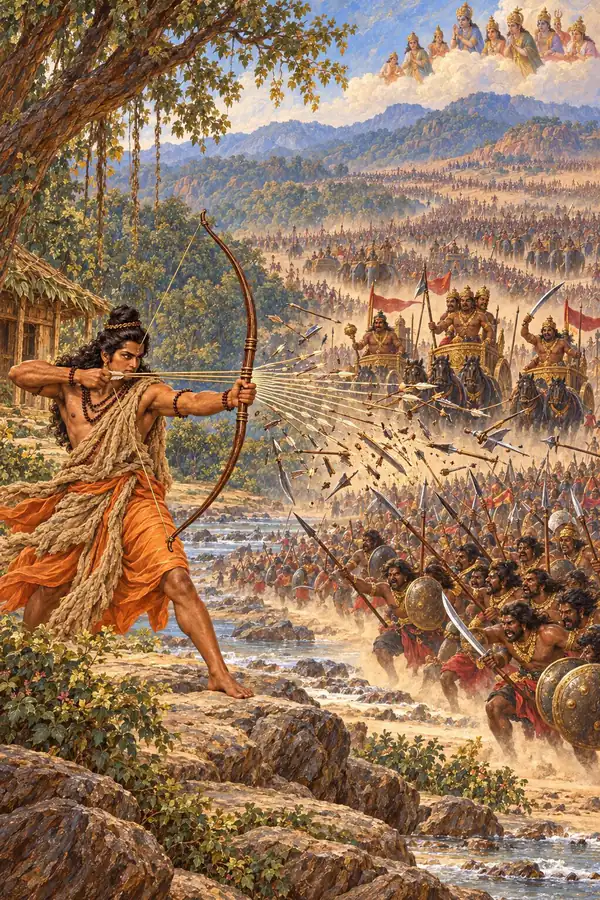 Alone before the host of Khara, Dushana, and Trishira, his bow drawn, Rama checks the weapons they hurl at him, while the gods look on in fear.