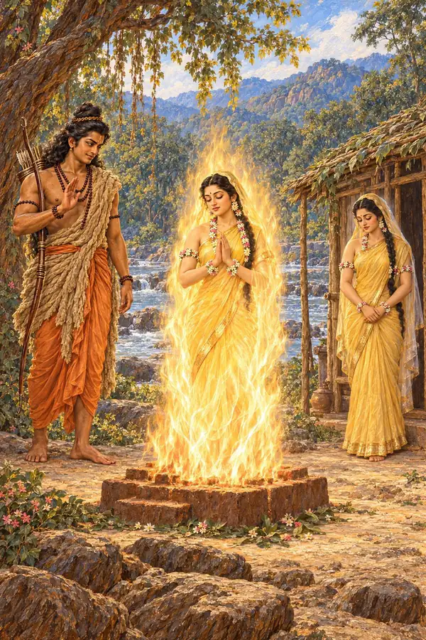 At Rama's word Sita enters the fire, leaving her own reflection there, like her in form.