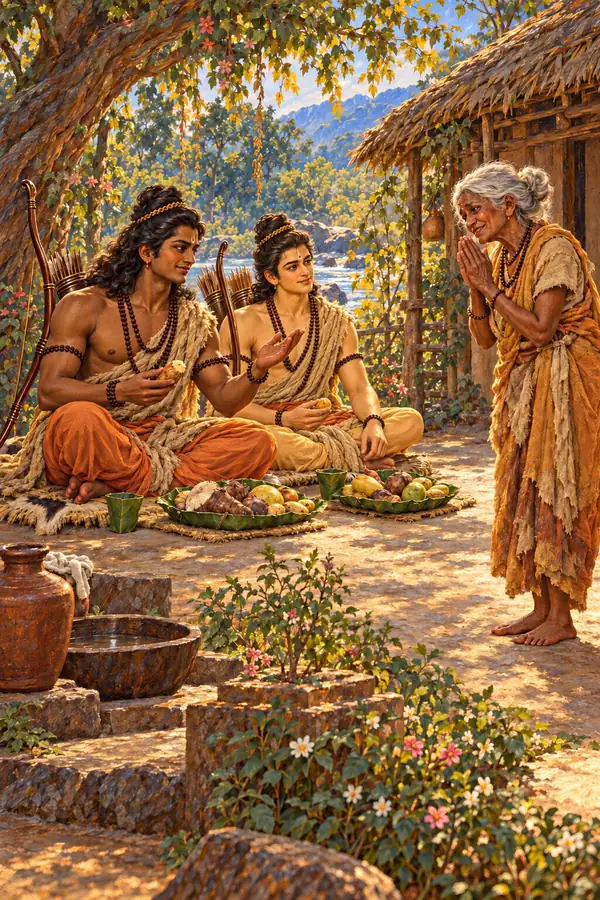 In her hermitage Shabari stands with joined hands as Rama, seated beside Lakshmana, eats the bulbs, roots, and fruit she has brought him.
