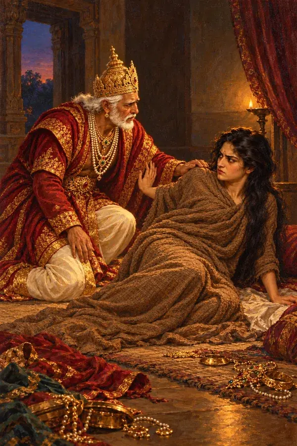 At dusk in the chamber of anger, Dasharatha touches Kaikeyi, who lies on the ground in a coarse old cloth with her ornaments thrown about, and she pushes his hand away and looks at him in anger.