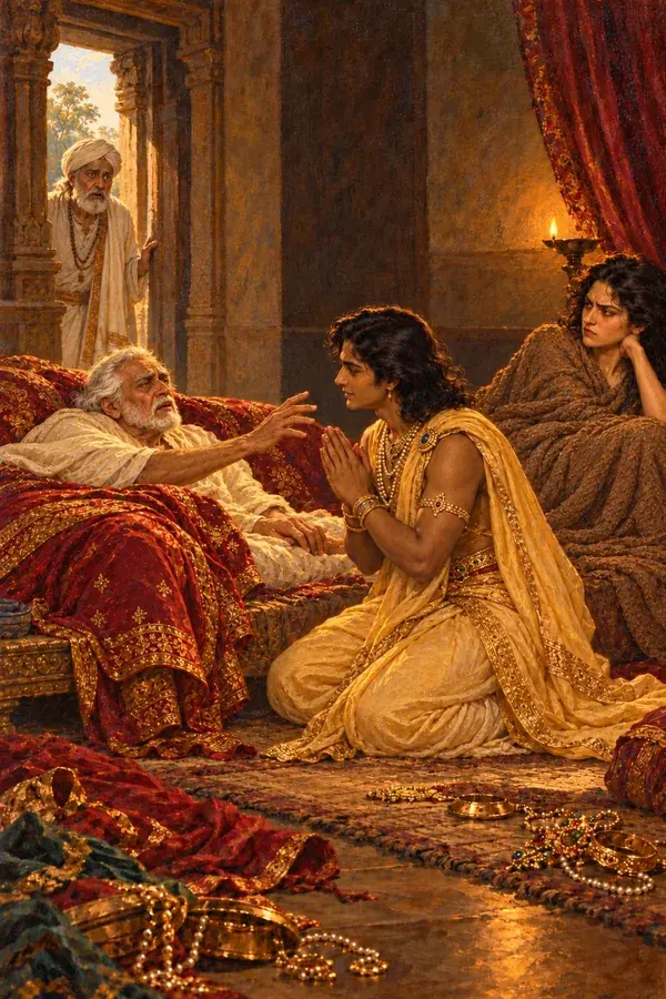 Rama asks his father Dasharatha for the order, and the king, who cannot speak, keeps his eyes on him. Kaikeyi sits near them, and Sumantra is there too.