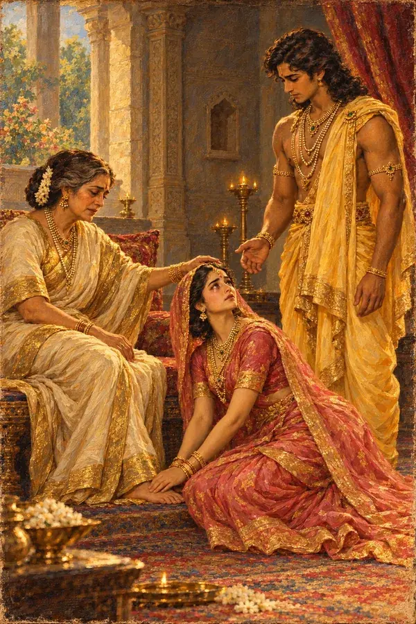 Sita touches Kausalya's feet, and Rama is near them.